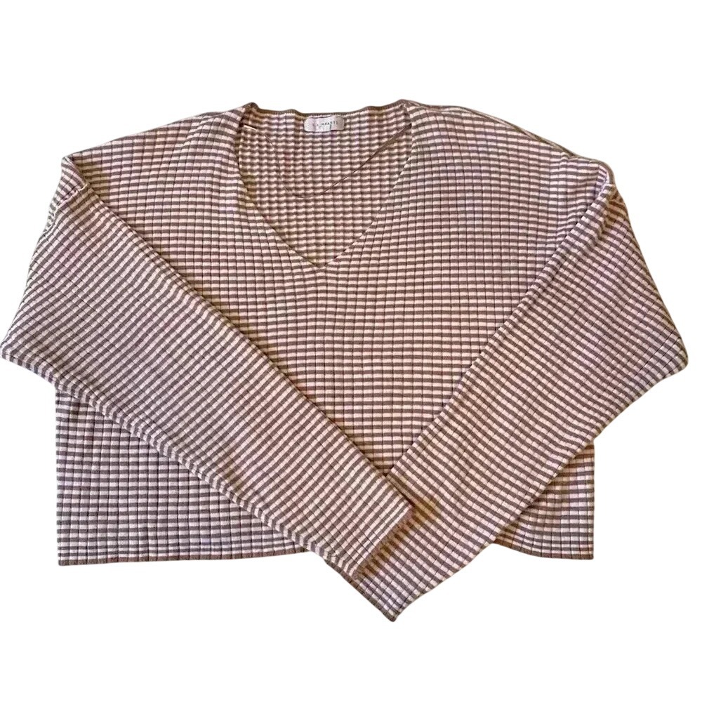 LA Hearts Womens Brown White Striped Ribbed V-Neck‎ Cropped Sweater Large